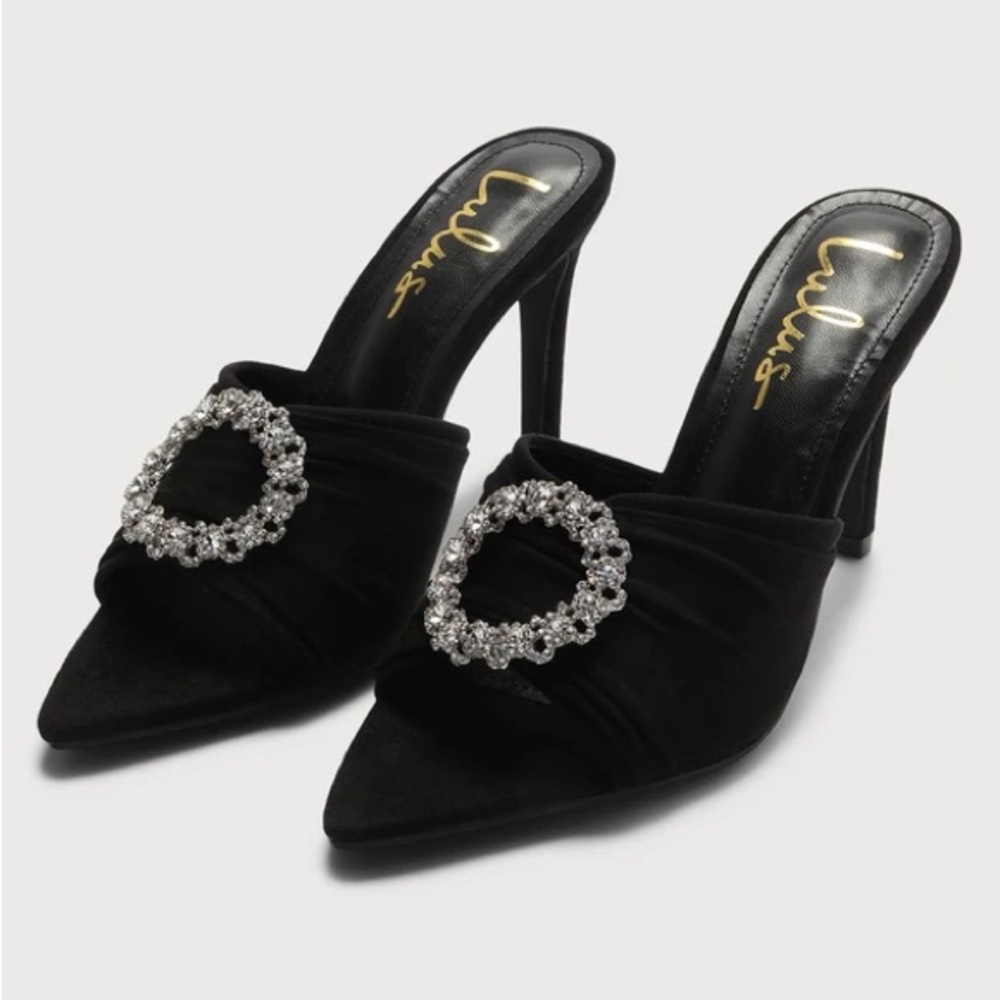 Lulu's brand "Ceciley Black Suede Rhinestone Pointed-Toe High Heel Sandals"
